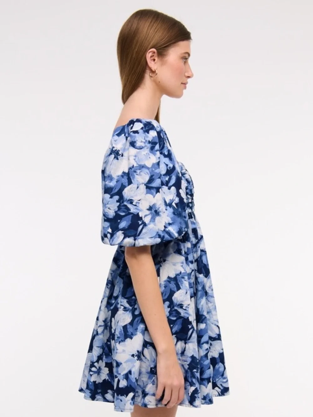 Abercrombie & Fitch Blue Linen Blend Floral Puff-Sleeve Emerson Dress Sz. L - Picture 4 of 14